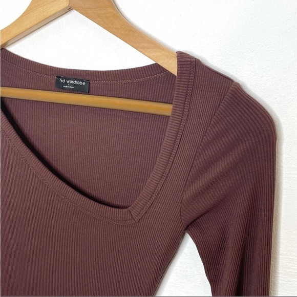 NAKED WARDROBE Ribbed Asymmetric Bodycon
Long Sleeve Mini Dress Chocolate Brown - Picture 2 of 4